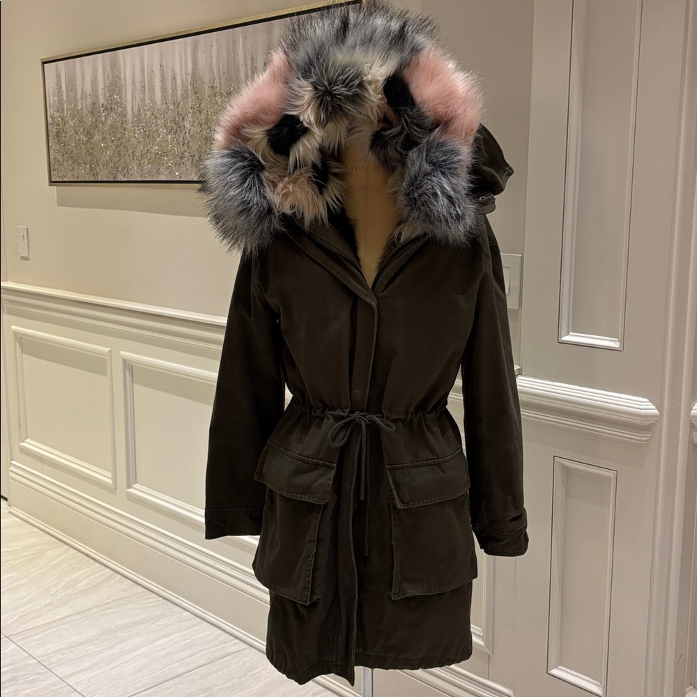 Bagatelle  olive green pink fur parka jacket